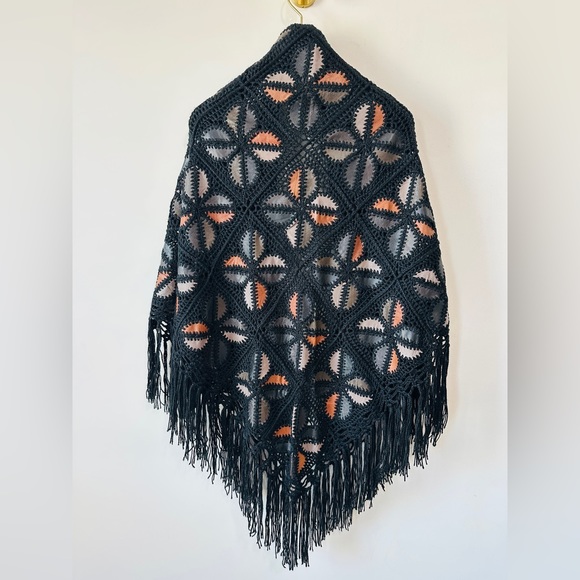Rare Multicolor Genuine Leather Patchwork Crochet Fringe Cape O/S - Picture 4 of 8